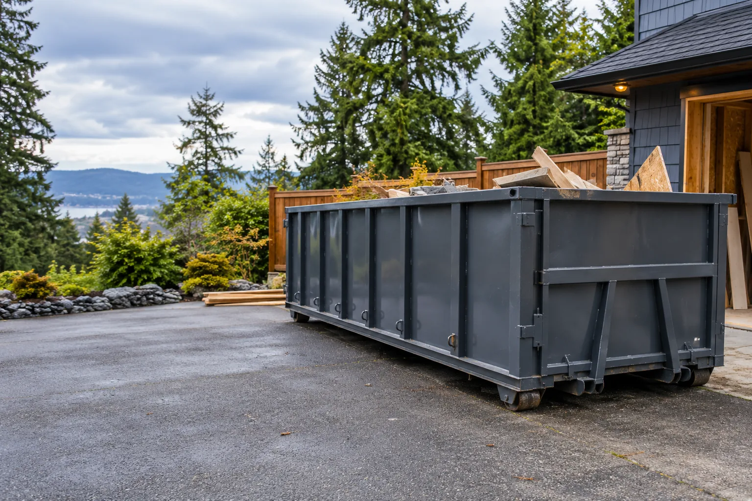 Illustrative roll-off bin at a residential renovation site